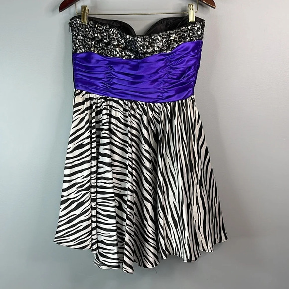 DANCING QUEEN Zebra Print Strapless Sequinned Cocktail Dress Satin *As Is* L - Picture 7 of 14